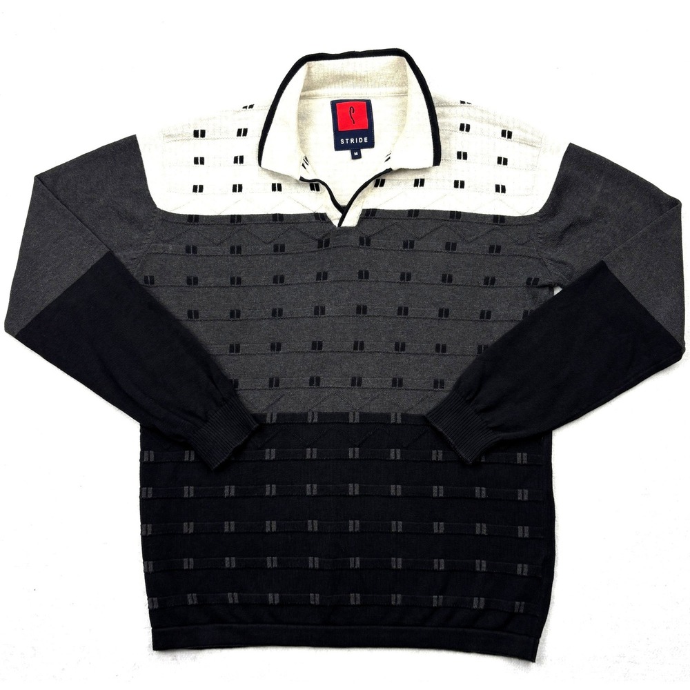 Stride‎ Knit Polo Sweater Mens Medium Color Block Gray Black Cream Long Sleeve
